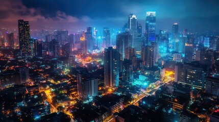 Fototapeta premium A vibrant city skyline illuminated at night, showcasing modern architecture and urban life.