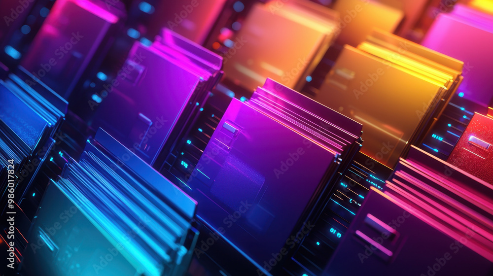 Poster document management, colorful 3d folders arranged in a dynamic pattern, illuminated by neon hues aga