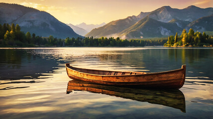 Obraz premium A rustic rowboat drifts on a calm lake, oars still, as the sun sets behind towering mountains