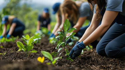 CSR Corporate Social Responsibility,  Corporate volunteers planting native trees in a deforested area, symbolizing environmental recovery
