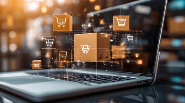 An array of e-commerce solutions displayed on a laptop, showing tools for managing inventory, payment gateways, and shipping integrations