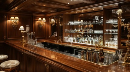 Luxurious Wooden Bar with Glassware and Bottles