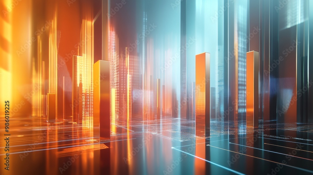 Fototapete an abstract 3d bar graph set in a virtual environment, with metallic bars and glowing lines represen