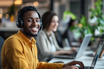 Client service agent with headset explaining to client how to solve problem online,