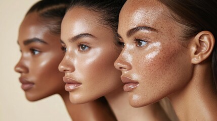 Portraits of women with diverse skin types, each glowing with health after using tailored skincare routines, emphasizing hydration, smoothness, and radiance