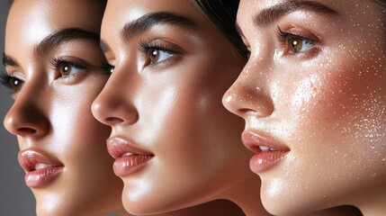 Portraits of women with diverse skin types, each glowing with health after using tailored skincare routines, emphasizing hydration, smoothness, and radiance