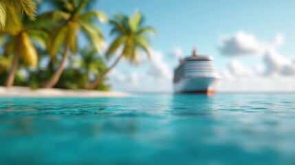 A large cruise ship is stationed near a tropical island with lush palm trees and clear blue waters, showcasing a serene vacation spot.