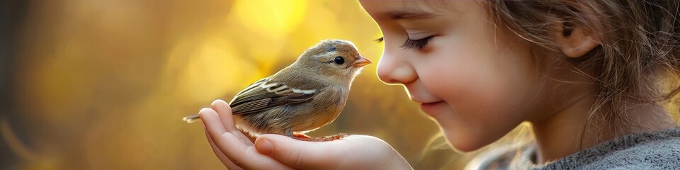 the girl holds a bird in her hands. Selective focus