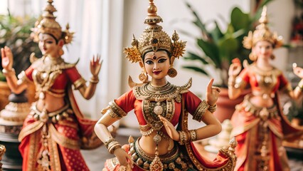Fototapeta premium Vintage Thai Dancer Figurine, Vintage Figurine Traditional Thai Ceremonial Dancer, Thai temple dancer, Traditional Thai Dancer Doll, Asian Arts