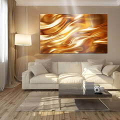 A modern living room featuring stylish sofa, elegant decor, and captivating abstract canvas art piece that adds warmth and sophistication to space