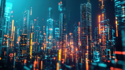 Fototapeta premium Futuristic cityscape with glowing skyscrapers and vibrant lights.