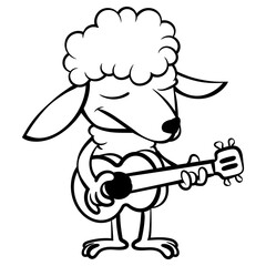 Funny sheep cartoon characters playing acoustic guitars at concert. Best for outline, logo, and coloring book with farm themes for kids