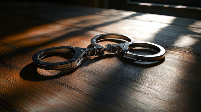 A pair of handcuffs lying on a courtroom table