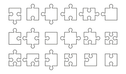 Puzzle Pieces Collection. Jigsaw Icon Set Black Line Puzzle Parts Isolated on White Background PNG