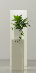 A modern display featuring white rectangular pedestals with lush green plants on top, creating serene and stylish atmosphere. combination of sleek design and natural elements evokes sense of tranquili