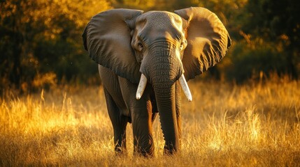 Fototapeta premium A majestic elephant stands in golden grass, showcasing its grandeur in a natural setting.