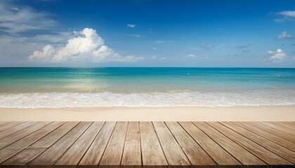 Obraz premium Wooden floor or plank on sand beach in summer. For product display.Calm Sea and Blue Sky Background.