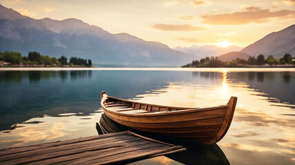 A rustic rowboat drifts on a calm lake, oars still, as the sun sets behind towering mountains