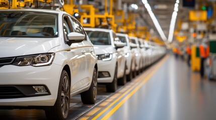 A row of white cars on the factory floor awaiting quality checks at an auto manufacturing plant, illustrating meticulous attention to detail in vehicle production processes.