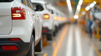 Fototapeta premium A view of car interiors through the rear windows, placed sequentially in an automotive assembly line in a high-tech and organized factory, emphasizing manufacturing precision.