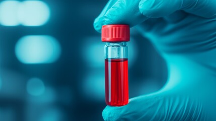 Gloved Hand Holding Red Liquid Vial in Laboratory Setting