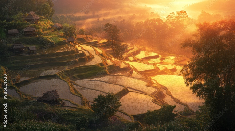Poster An evening view of terraced rice fields with the soft glow of sunset illuminating the water-filled paddies and highlighting the field patterns.