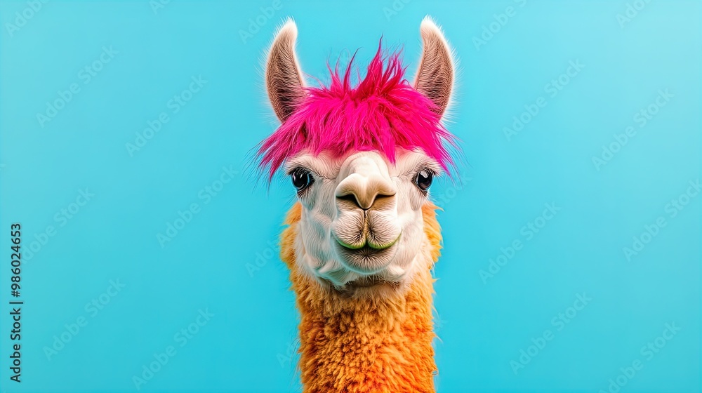 Wall mural Playful Llama with Vibrant Pink and Orange Mane: Perfect Wall Art for Sporty Interiors and Whimsical Spaces!