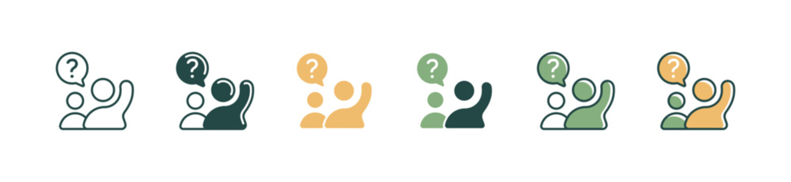 people raising hand ask question icon student asking in classroom with question mark vector set education learning support wonder sign illustration