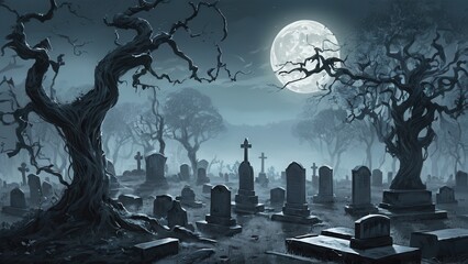 A haunted graveyard illuminated by a bright full moon, with twisted, barren trees and rows of gravestones creating a chilling, eerie night scene