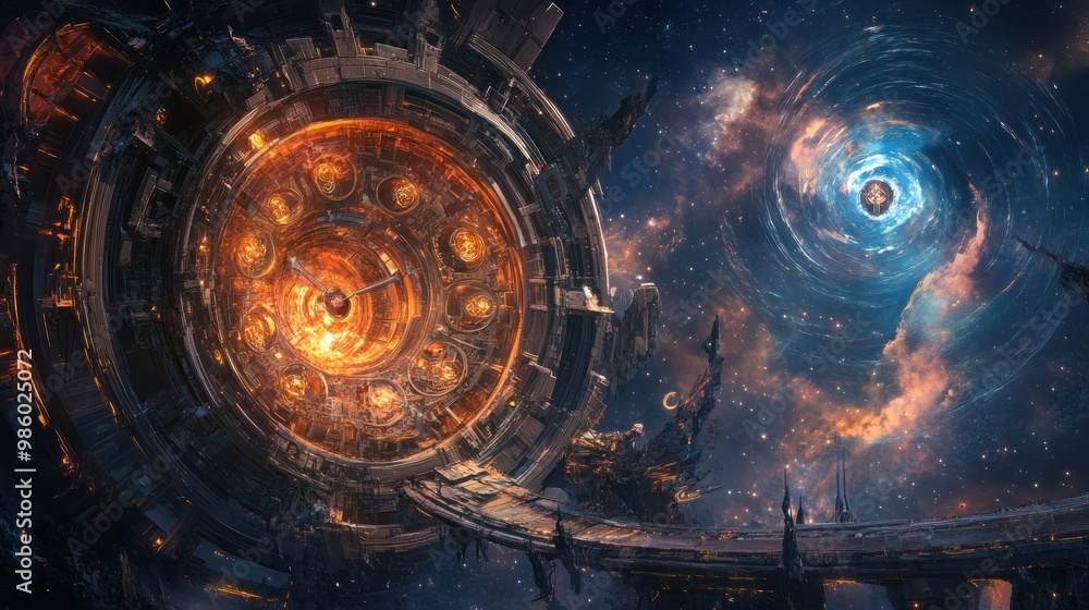 Poster a futuristic space scene featuring a massive structure with glowing elements and swirling galaxies.