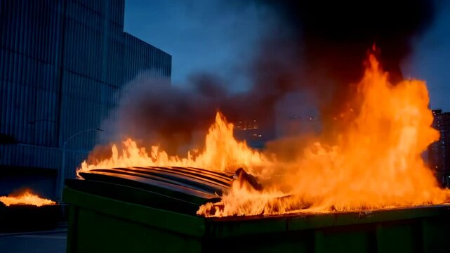 A green dumpster engulfed in flames, with thick smoke rising into the sky, creating a dramatic and chaotic urban scene