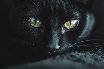 Close-up of a Black Cat's Face with Green Eyes
