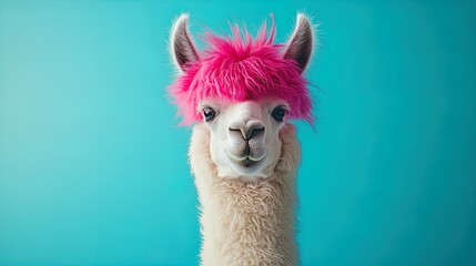 Fototapeta premium Whimsical Llama with Fluffy Pink Hairstyle on Vibrant Turquoise Background: Perfect as a Quirky Poster for Fun Sports Interiors!