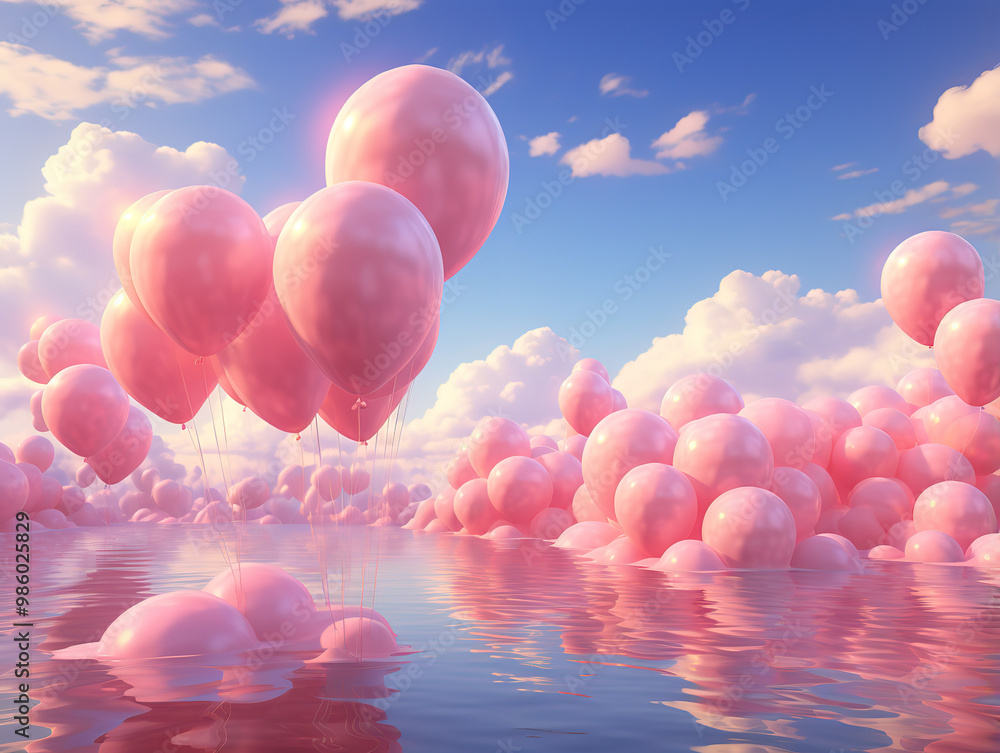 Wall mural generous balloons float among clouds in happy pink sky