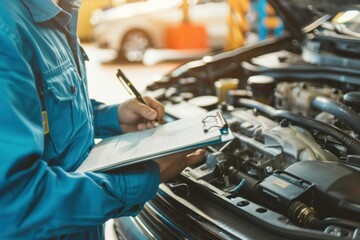 Mechanic inspecting a car engine with a checklist in hand, focused on maintenance tasks in an auto repair workshop