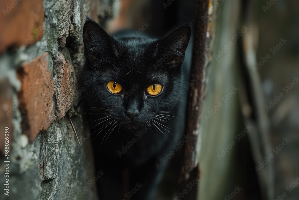 Sticker Black Cat with Bright Yellow Eyes Peeking from Behind a Brick Wall