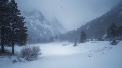 Obraz premium Intense snowstorm in mountain landscape