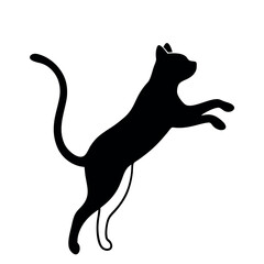 a black silhouette of a cat jumping in the air. The cat is facing towards the right side of the image and its body is stretched upwards