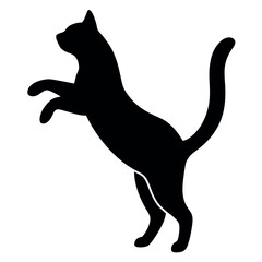 a black silhouette of a cat jumping in the air. The cat is facing towards the right side of the image and its body is stretched upwards