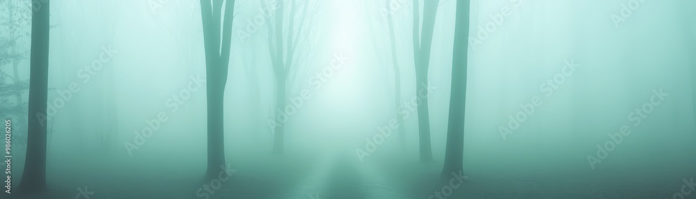 Poster a foggy forest with trees and a path