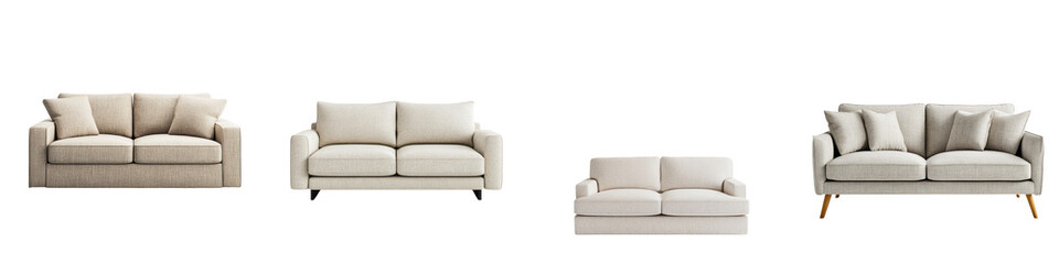 Cozy and sophisticated living room furniture  including a plush sofa  armchair  and loveseat  showcased in an elegant neutral toned studio setting  The minimalist