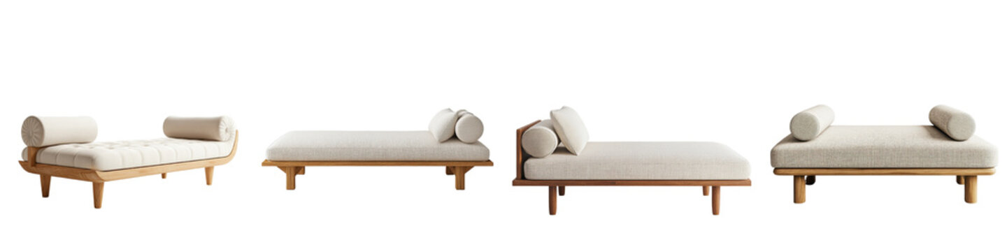 Elegant and minimalist furniture arrangement featuring a modern wood and leather couch chairs and a daybed for a comfortable and sophisticated living room design