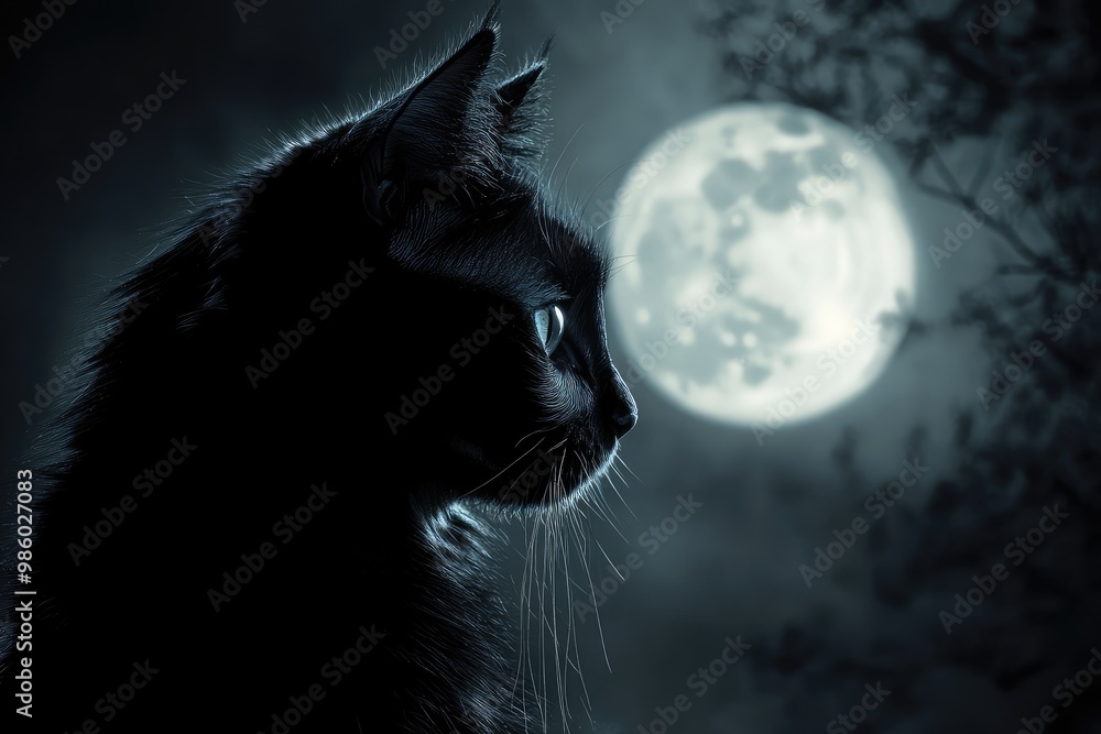 Wall mural A Black Cat Silhouetted Against a Full Moon