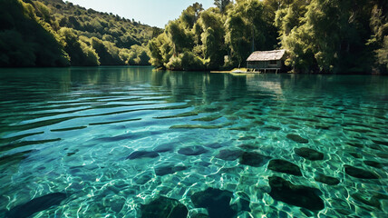 A serene scene with clear turquoise waters flowing through a forest of tall, palm-like trees.