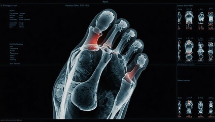 Radiology scan showing a foot injury with visible fractures.