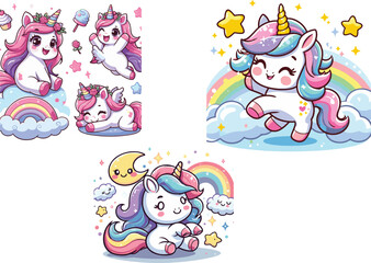 Fototapeta premium set of funny cute unicorn cartoon vector animals
