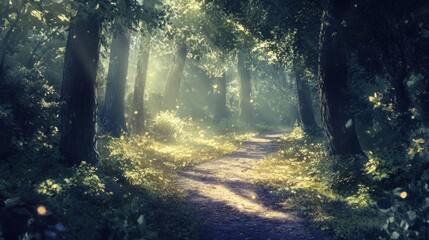 Obraz premium A serene forest path illuminated by soft sunlight, inviting exploration and tranquility.