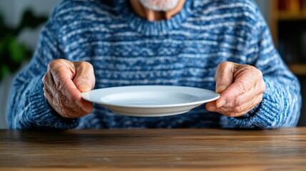 An elderly individual wearing a blue sweater holds an empty white plate with both hands, symbolizing hunger, emptiness, or desire. The close-up focuses on the hands and plate.