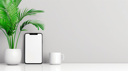 Modern smartphone with blank screen, green plant, and white coffee mug on minimalist white desk