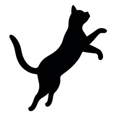 a black silhouette of a cat jumping in the air. The cat is facing towards the right side of the image and its body is stretched upwards